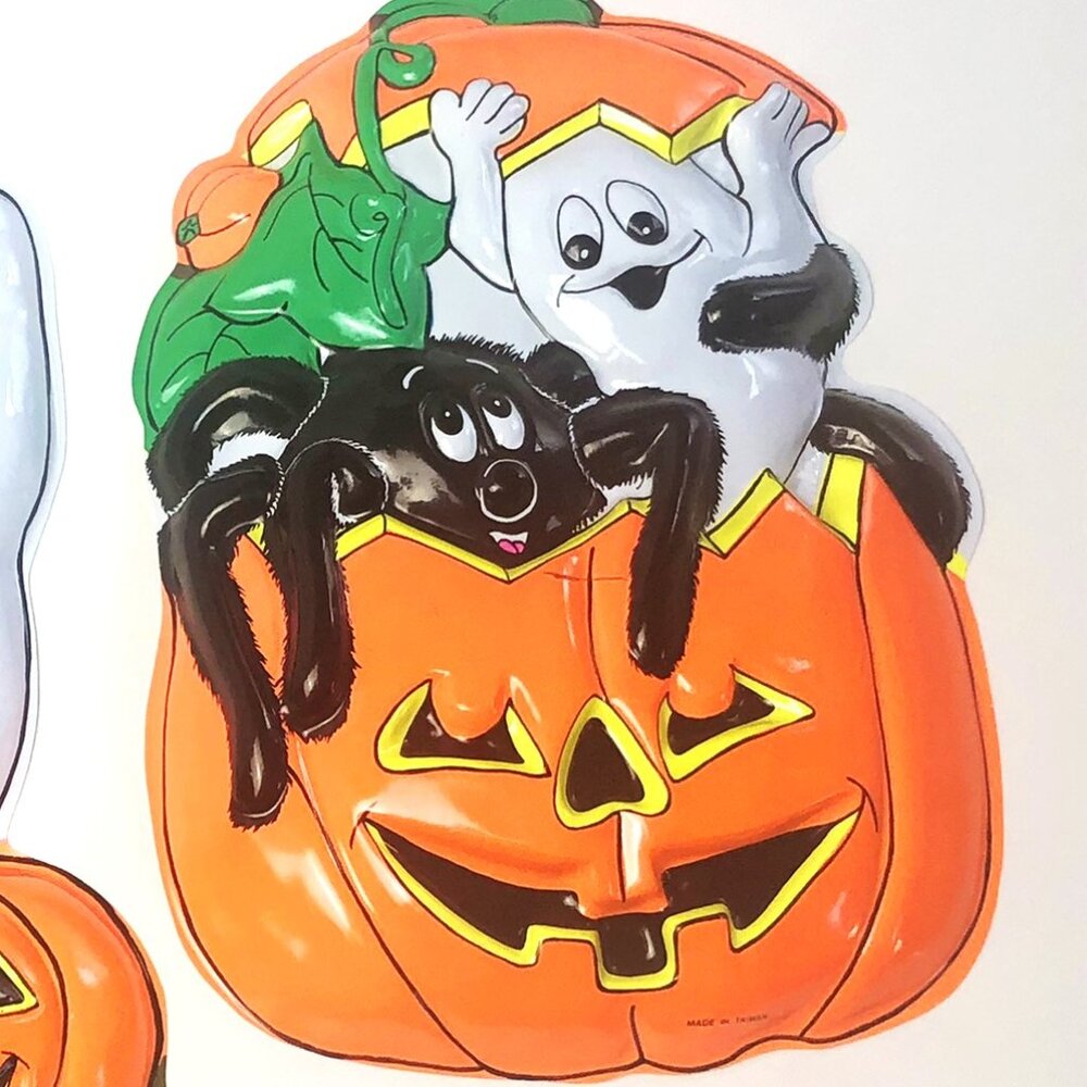 80s Vintage Halloween Decoration - Molded Plastic Pumpkin & Friends
